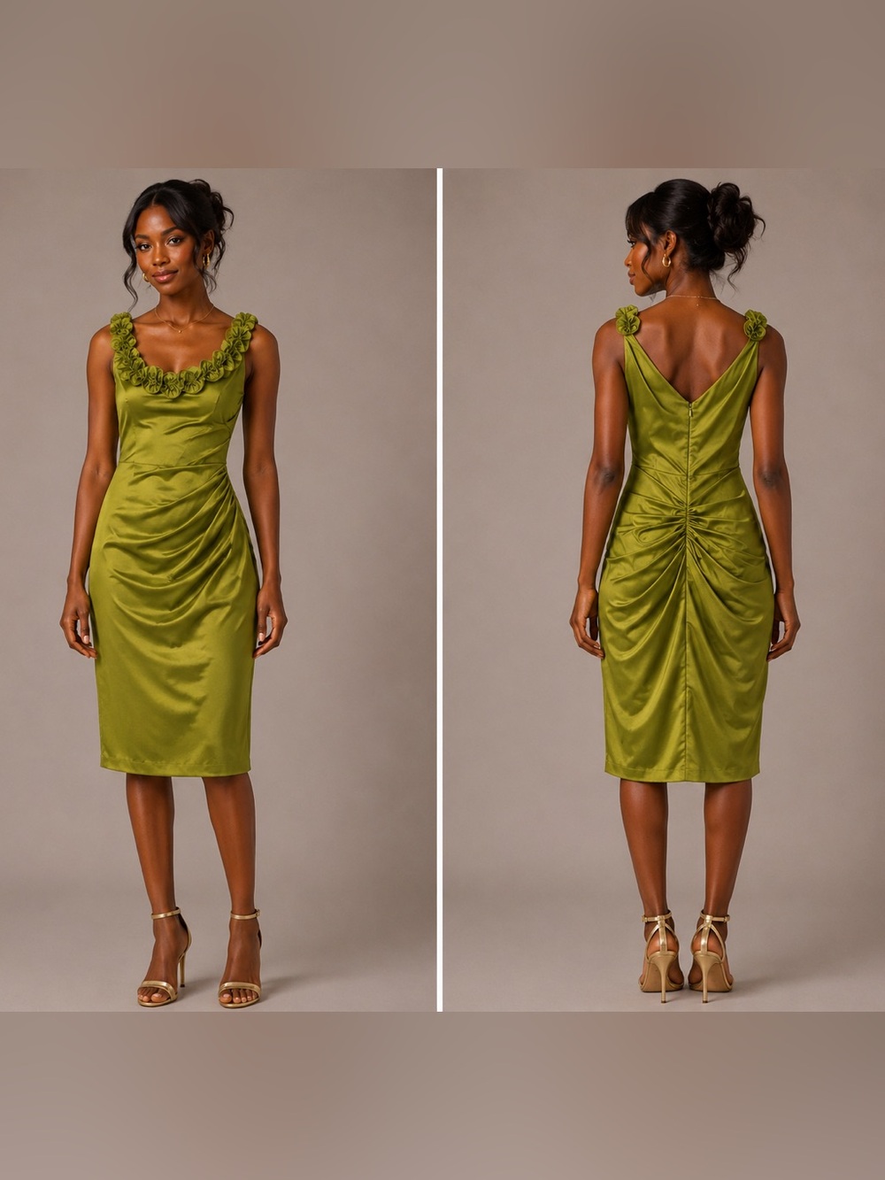 Collection DressbarnOlive Green Satin Ruched Midi Dress with Floral Strap Detail